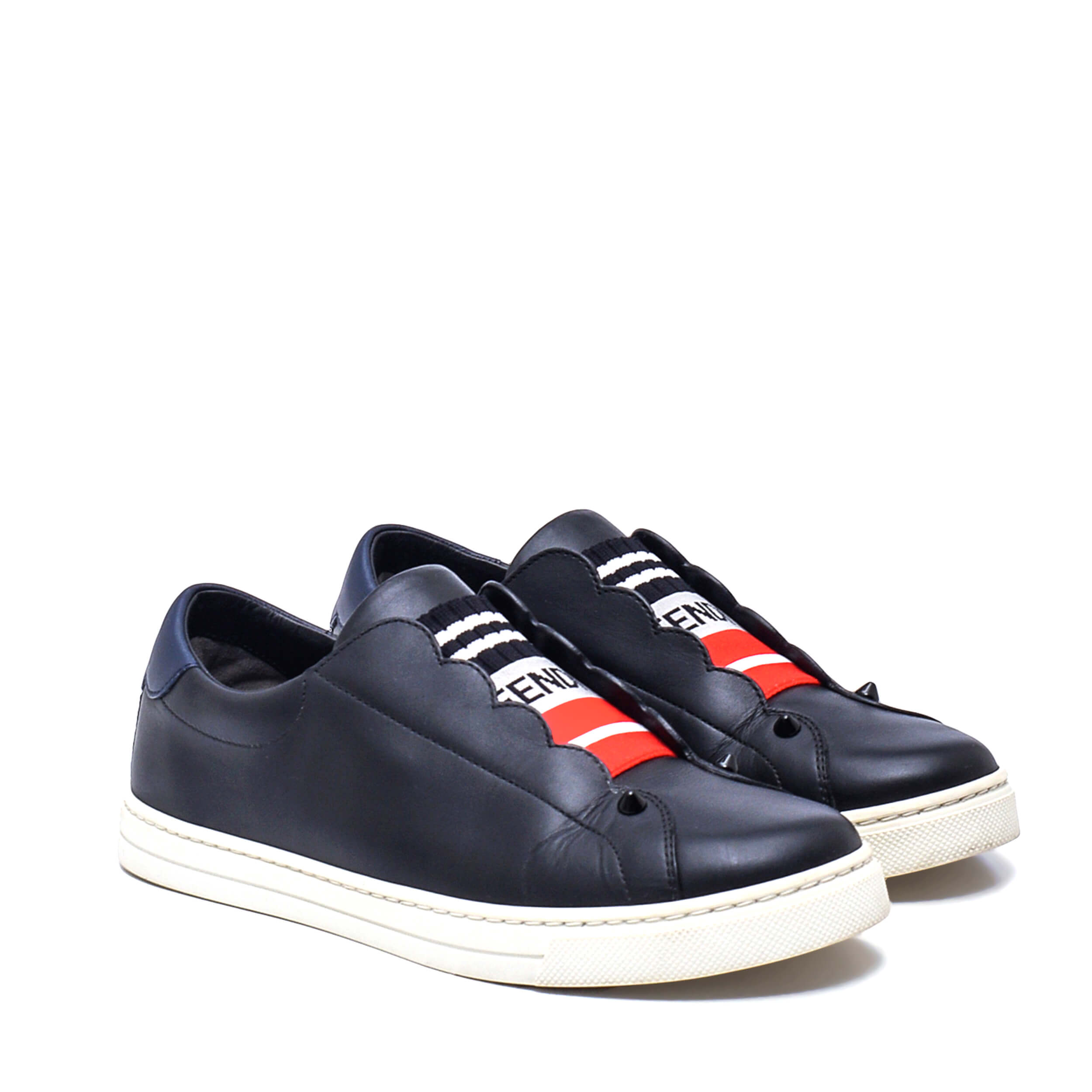 Fendi - Black Leather Rockoko Scallop Slip On Sneakers / 38